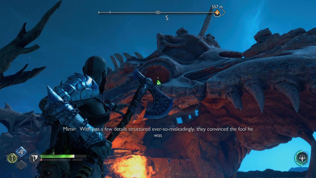 A raven hides in the eye socket of a giant skeleton in God of War Ragnarok.